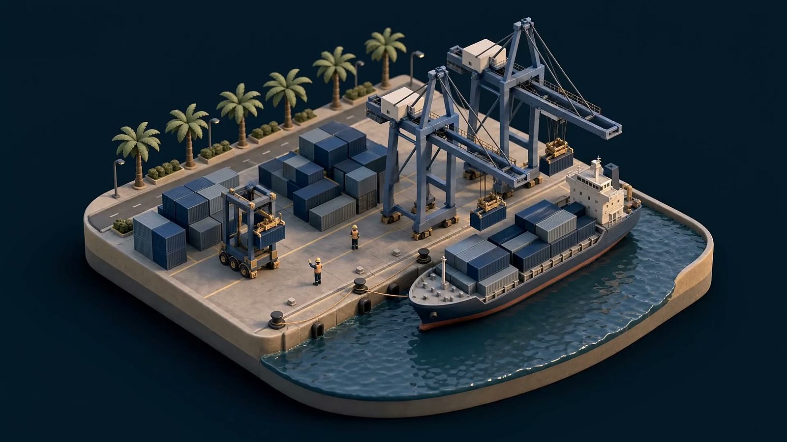 Diorama isométrico do Porto de Santos, do galpão logístico, da indústria e do escritório de advocacia sobre uma balança